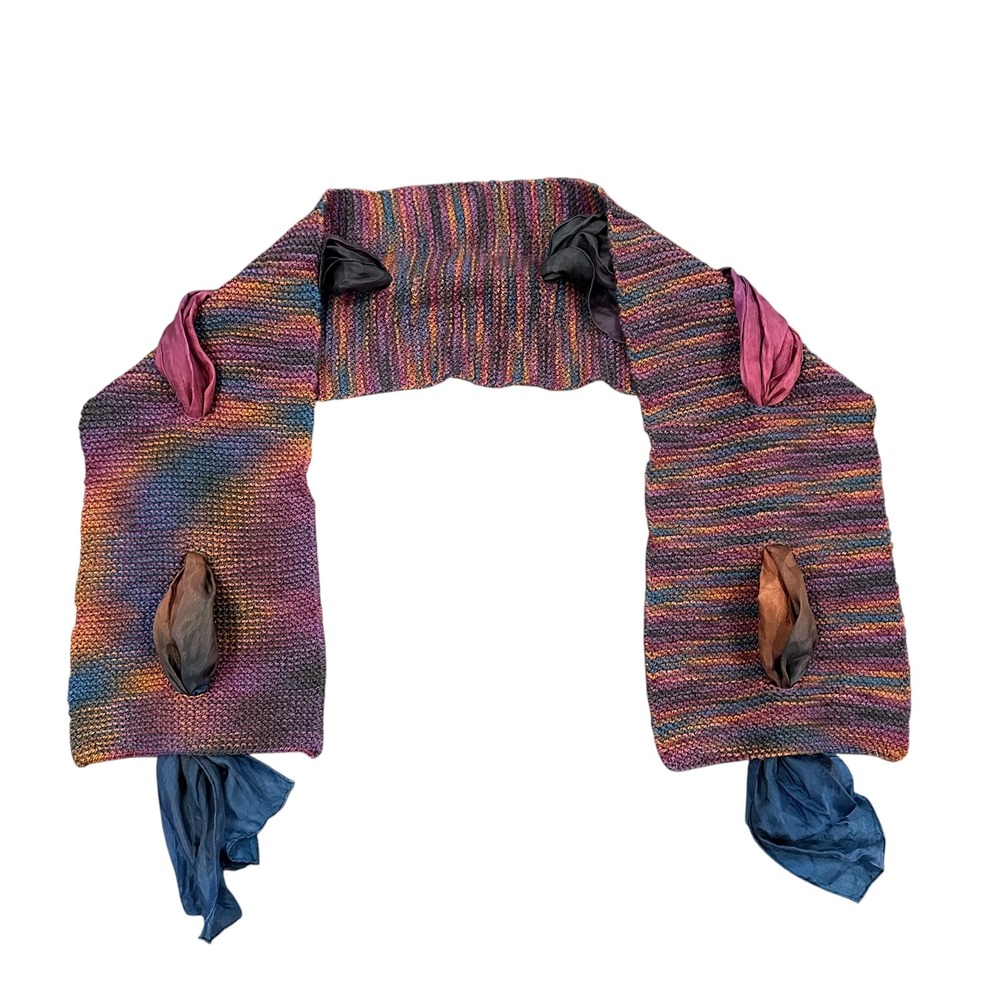 Whimsigoth Hand Knitted Variegated Multi Color Silk Ribbon Accent Scarf Art Wear